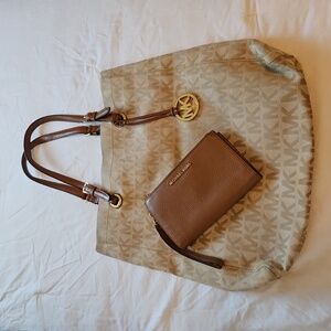 Michael Kors Beige and Brown Logo Tote with wristlet